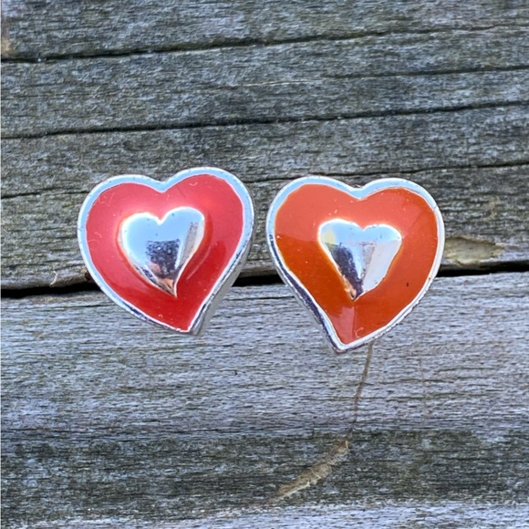 Orange red heart earrings silver tone with enamel fashion earrings - Picture 1 of 4